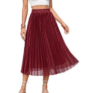 Flowy Pleated Business Skirts High Waist Elegant Skirt 2601 Burgundy M (Red)