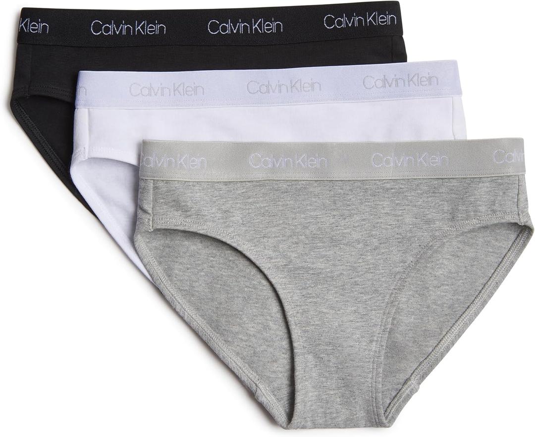 Calvin Klein Kids Girls' Modern Cotton Bikini Underwear 3-Pack, Heather Gray/White/Black, Medium