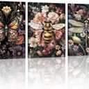 WENGTIAO 3Pcs Vintage Insect Canvas Wall Art Gothic Dark Flower Prints Bee Butterfly Dragonfly Pictures Nature Plant Paintings Artwork for Living Room Bathroom Bedroom 20x28x3