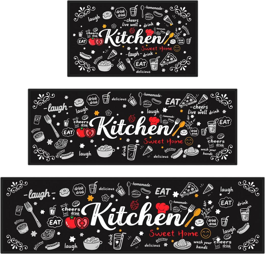 Kitchen Rugs Sets of 3 Non-Slip Washable Rugs with Rubber Backing, Cushioned Comfort Floor Mats for Kitchen, Entryway, Laundry Room, Hallway - Black, 17"x30"+17"x47"+17"x59"