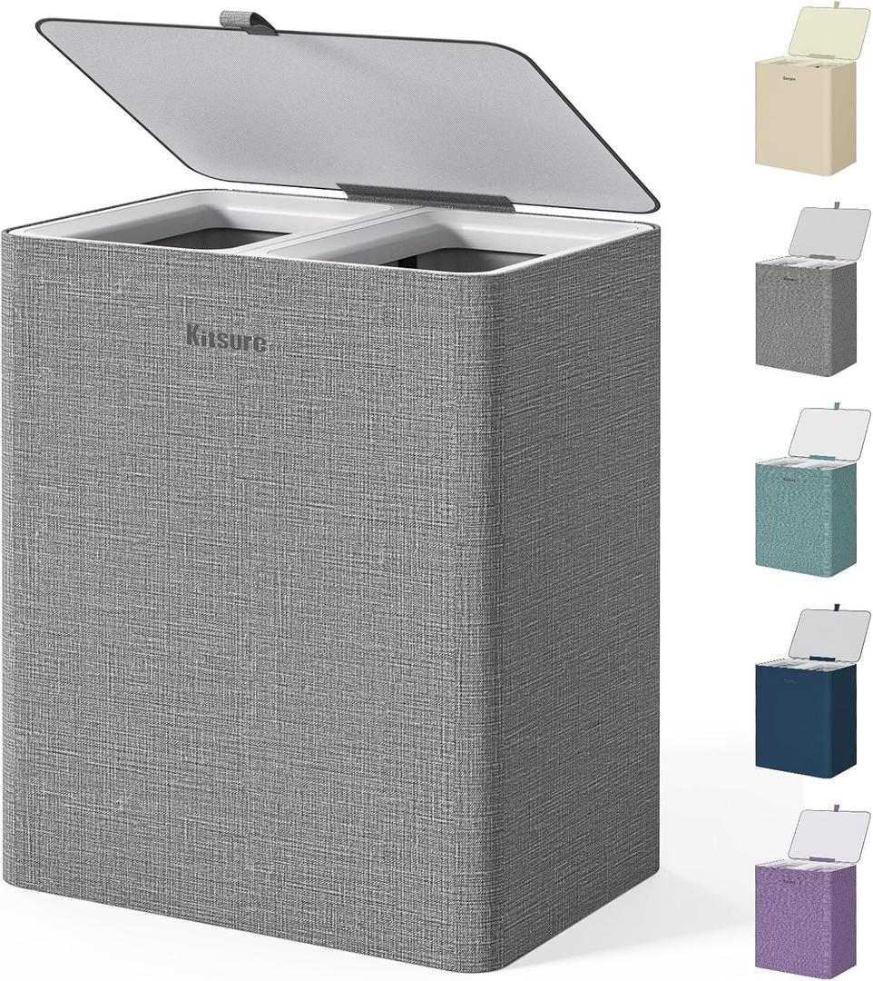 Kitsure Laundry Basket 95L Large Laundry Hamper with Lid, 2-Compartment Divided Clothes Sorter with Removable Hamper Bags, Gray Organizer for Laundry Room, Bathroom & Bedroom, 22.2" x 16" x 27.4", 95L, Gray