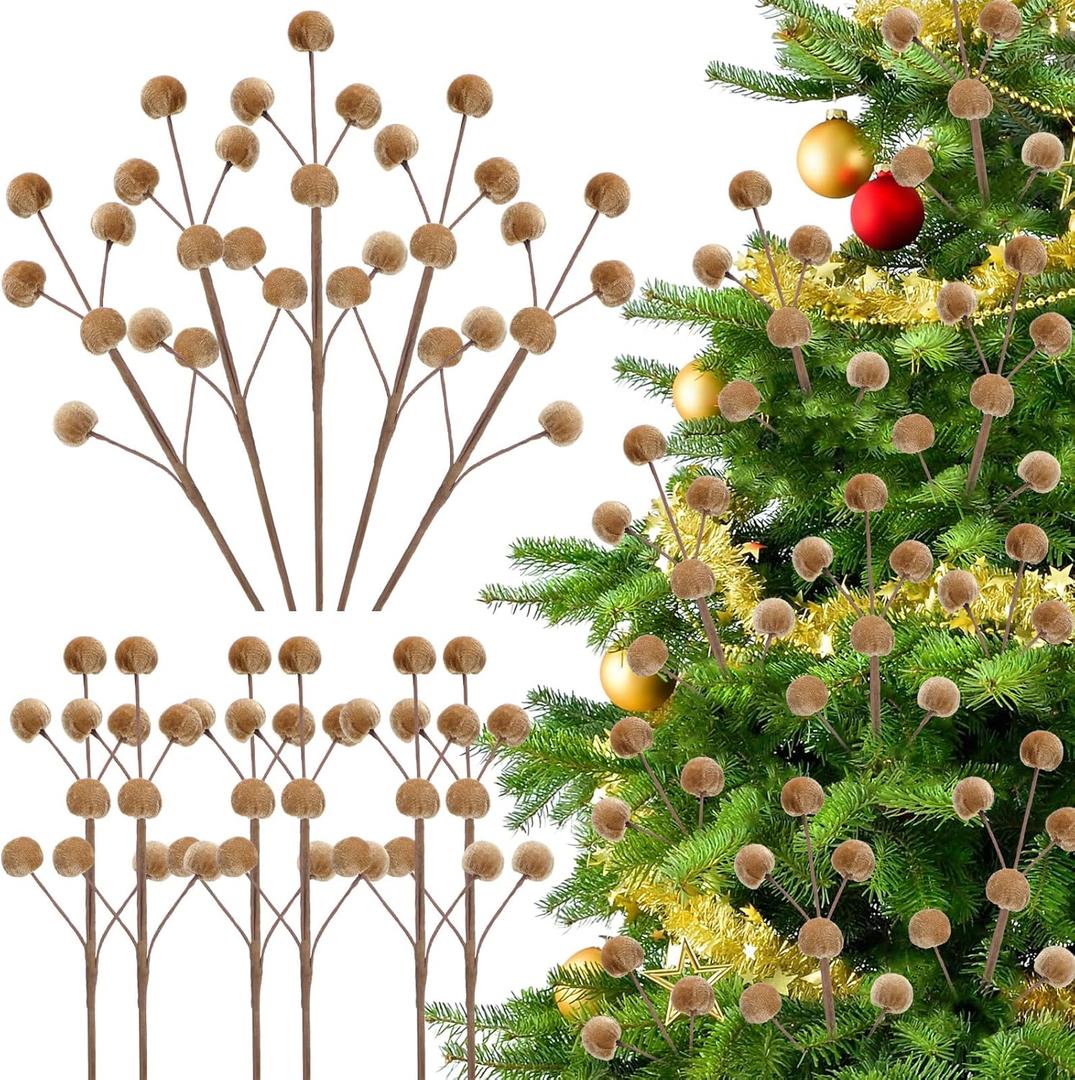 6 Pcs 14 Inch Christmas Tree Picks Velvet Christmas Ornaments Spheres Ball Pick Velvet Xmas Tree Branches Hanging Decoration Wreath Home Office Party Ornament(Light Brown)