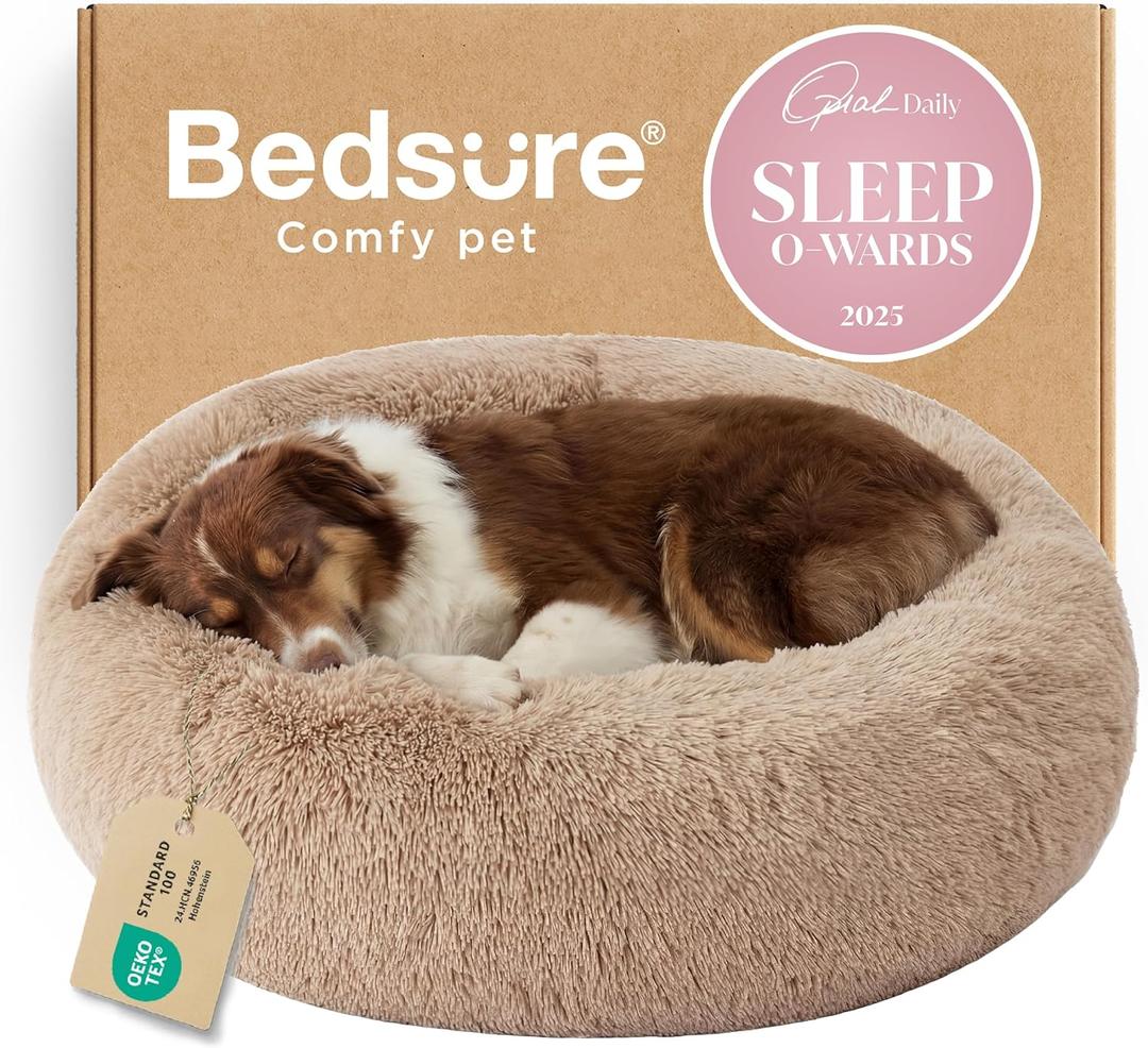 Bedsure Calming Dog Beds Large Sized Dog - Donut Washable Large Pet Bed, 36 inches Anti-Slip Round Fluffy Plush Faux Fur Dogs Bed, Fits up to 80 lbs Pets, Camel