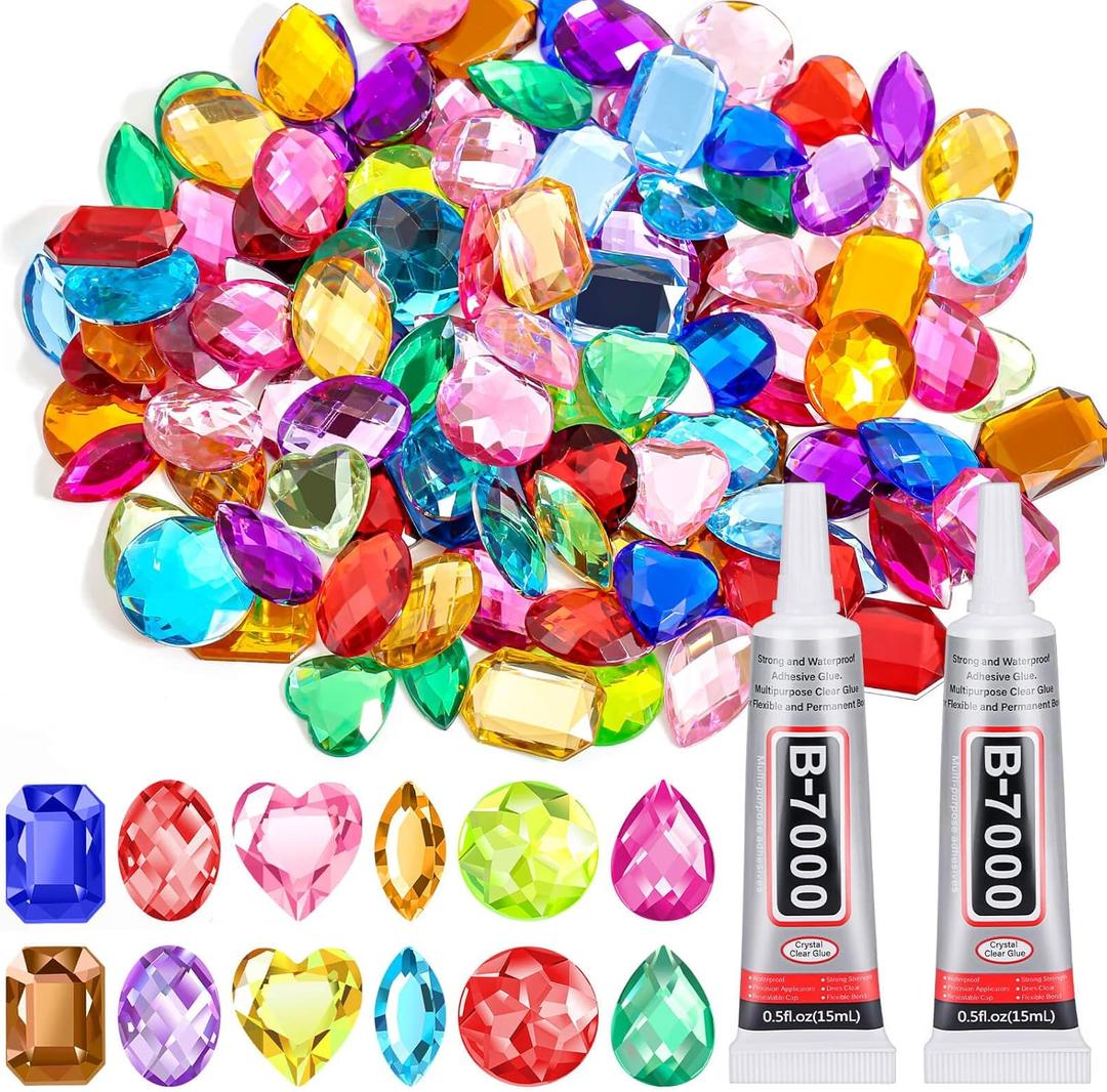 anezus 120PCS Craft Jumbo Jewels, Large Sequins with 2 Pack B7000 Jewelry Glue, Flat Back Craft Gems Rhinestones for Pirate, Fake Gemstones for Fabric, Clothing, Craft, Decoration