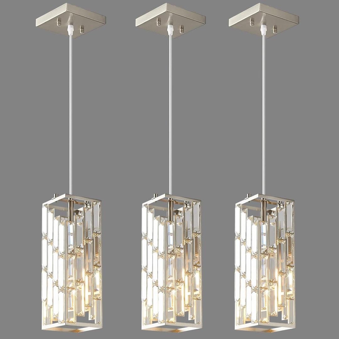 Brushed Nickel Pendant Lighting Modern Pendant Light, Mini Crystal Chandeliers, Adjustable Pendant Light Fixture for Kitchen Island Dinning Room Bedroom (3 Pack)