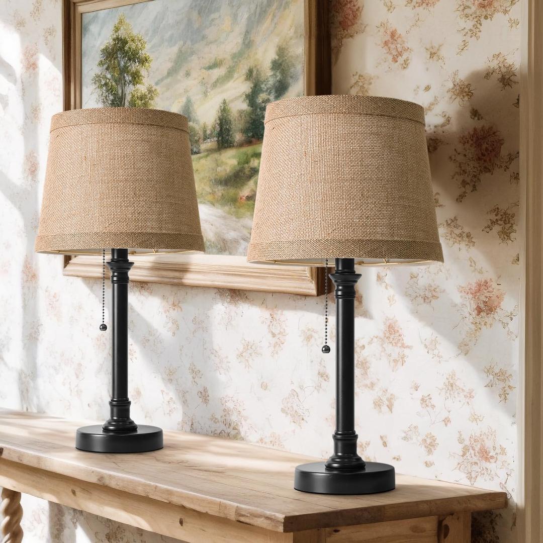 Oneach 19.5 Table Lamps Set of 2, Pull Chain Switch Bedside Table Lamps, Farmhouse Nightstand Lamp with Unique Natural Shade, Small Lamp for Living Room, Bedroom, Home Office, Nursery (Dark Browm-2Pack)