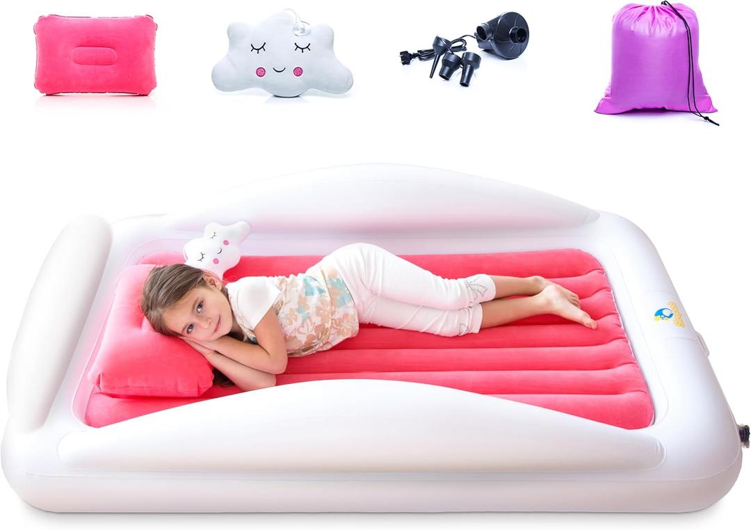 Sleepah Inflatable Toddler Travel Bed Portable Kids Air Mattress Set w Safety Rail Guards for Kids & Toddlers  Includes Pump, Carry Case, Pillow & More - Perfect Transitional Cot Coral