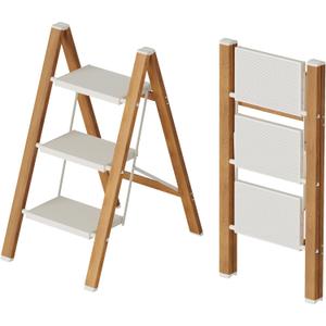 Mayi Plus 3 Step Lightweight Aluminum Folding Ladder, Portable Step Stool with Wide Anti-Slip Pedals, 330 lbs Capacity for Home,Cleaning TasksWhite&Woodgrain
