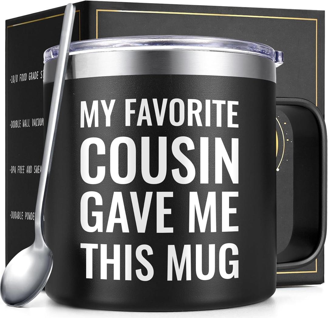 Lifecapido Cousin Gifts, My Favorite Cousin Gave Me This Mug 14oz Insulated Coffee Mug with Handle, Christmas Birthday Gifts for Cousins, Black