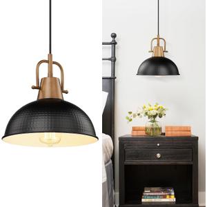 Emliviar 10.2 Inch 1-Light Farmhouse Pendant Light, Modern Pendant Lighting for Kitchen Island, Hammered Metal Dome Shade in Black Finish, GE269MIL BK+WD (Medium)