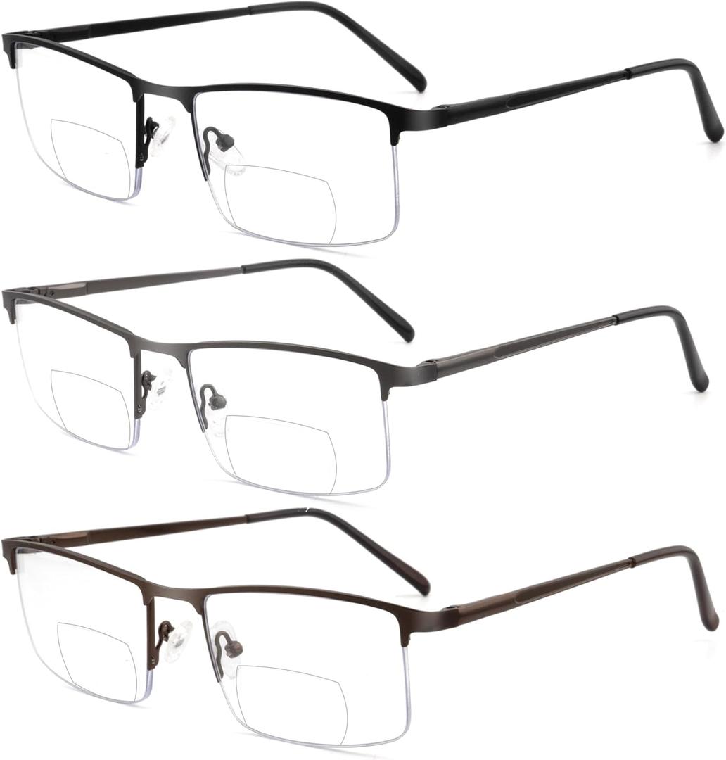 3 Pack Bifocal Reading Glasses for Men,Lightweight Metal Half Frame Clear Top Bi-focal Readers with Spring Hinge+1.75