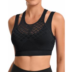 RUNNING GIRL Sports Bras for Women High Support,Seamless Ribbed Longline High Neck Sports Bra Racerback Padded Crop Top Yoga (Medium)