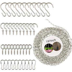 YINGFENG 197 Inch DIY Silver Hanging Basket Chains, Adjustable Length, Decorative Metal Chain with Hooks for Hanging Bird Feeders, Planters, Ornaments