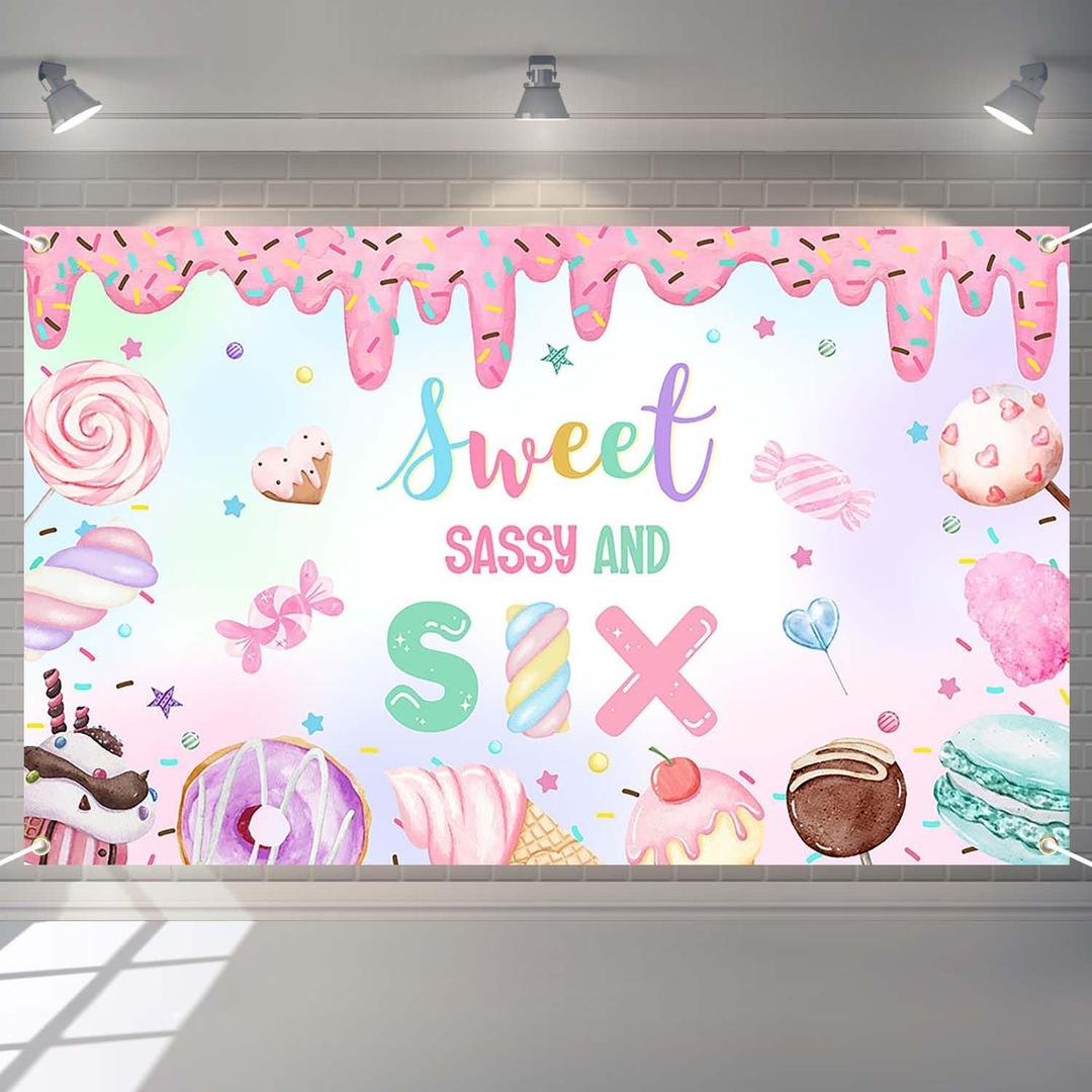 Sweet Sassy and Six Banner Girl 6th Birthday Party Backdrop Pastel Sweets Candy Donut Happy 6th Birthday Party Decorations Photo Booth Props (6x3.6ft)