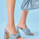 Coutgo Womens Chunky Heeled Mules Puffy Knot Square Open Toe Slip On Sandals Summer Evening Party Prom Shoes (Blue), Size 11