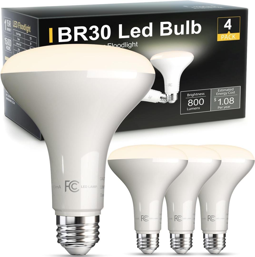 TJOY LED Flood Light Bulb, Recessed Ceiling Bulb, BR30, 65W Equivalent Efficient 9W, Dimmable, E26, Neutral White 4000K, 10 Year, 800 Lumens, 80CRI, 4 Pack LED Ceiling Light for Kitchen, Living Room (4000k Cool White)