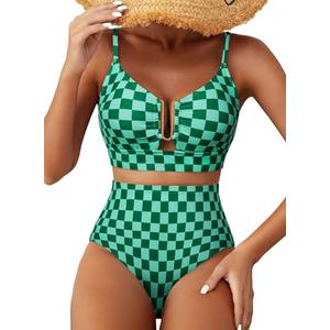 Herseas Women 2 Piece High Waisted Bikini Sets U Wire Floral Print Crisscross Back Swimsuits Adjustable Spaghetti Straps Push Up Bathing Suit Vintage Summer Holiday Outfits Green Checkered​ X-Large