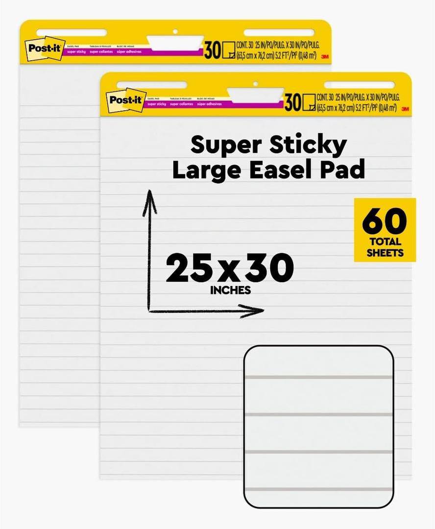 Post-it Super Sticky Easel Pad, Great for Virtual Teachers and Students, 25 x 30 Inches, 30 Sheets/Pad, 2 Pads, Lined Premium Self Stick Flip Chart Paper, Teacher Anchor Chart