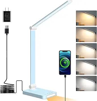 L SHY-U L 3-in-1 LED Desk Lamp with Chargers, 3 Lighting Modes, 5 Brightness Levels & Dimmable, Touch-Controlled Reading lamp for Home/Office, Foldable Table lamp for College Dorm Room