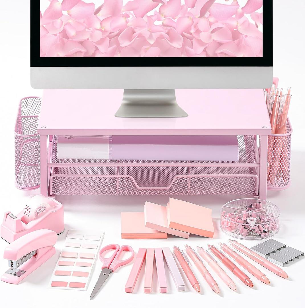Kosiz 21 Pcs Pink Office Desk Organizers and Accessories Computer Monitor Stand with Drawer Pen Holder Stapler Tape Dispenser Sticky Note Clips Pen Highlighter Scissors Aesthetic Accessories for Woman