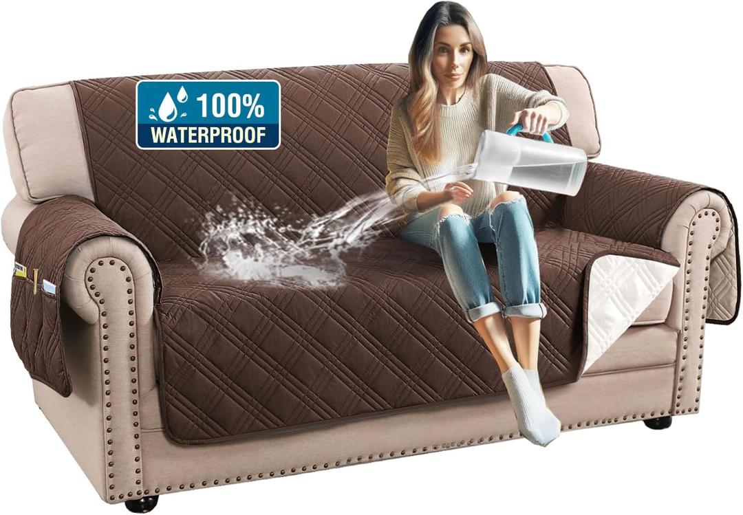 H.VERSAILTEX 100% Waterproof Furniture Covers for Sofa and Loveseat Modern Sofa Covers Waterproof and Washable Thick Soft Couch Cover for Dogs with Elastic Straps (Loveseat, Brown/Beige)