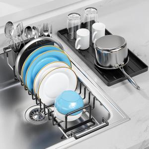 Small Dish Drying Rack in Sink, Extendable Dish Drainer Over Sink with Silicone Drying Tray, Compact Dish Rack for Kitchen Counter with Utensil Holder, Drying Rack Organize Small Space, Black