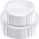 Joyido 102 PCS White and Silver Plastic Plates Heavyweight Silver Plate Wedding Plate with Silver Rim Fancy Dinner & Dessert Plates for 51 Guests Weddings & Parties