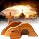 Easter Resurrection Scene Set, Easter Wooden Decorations Religious, Jesus Nativity Christ Statue Decoration, Empty Tomb Tabletop Ornaments Cross Figurines Decor Gift for The Home, Tabletop, Office1