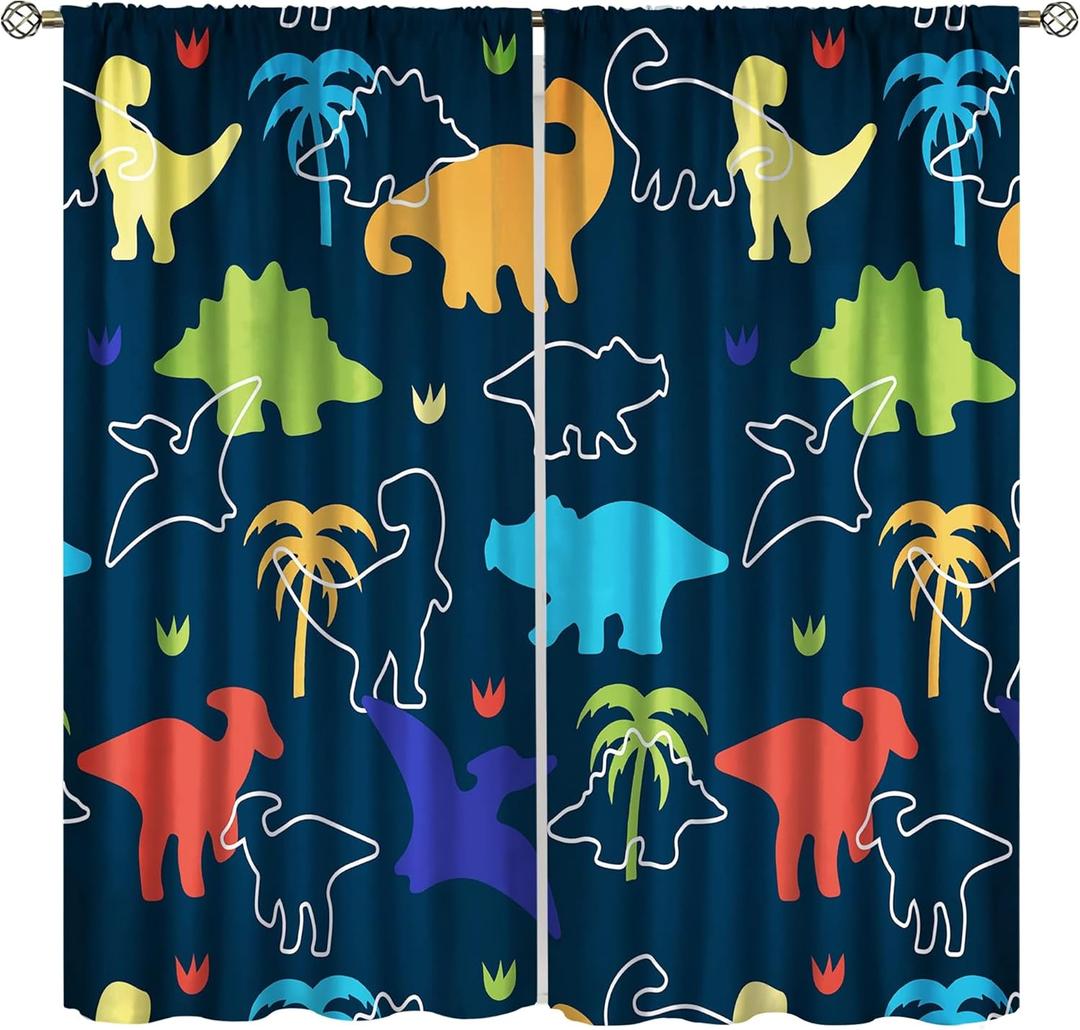 Boys Dinosaur Curtains, Cartoon Dino Kids Window Treatments for Boys Girls Children Nursery Living Room Bedroom, Colorful Safari Animal Navy Blue Drapes 2 Panel Sets,42x45 Inch