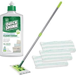 Quick Shine Multi Surface Floor Clean + Polish Mop Kit w/ 3 Reusable Pads & 1-16 oz. Floor Finish | Use Wet + Dry | Hardwood, Luxury Vinyl Plank, Laminate | Safer Choice pH Neutral Formula