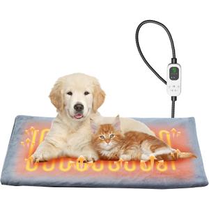 HOPET Dog Cat Heating Pad with Adjustable Temperature Timer, Waterproof Heated Dog Cat Bed with Chew Resistant Cord, Indoor/Outdoor Electric Heating Pad for Dog House,Rescue Cats,Grey,27x15 in