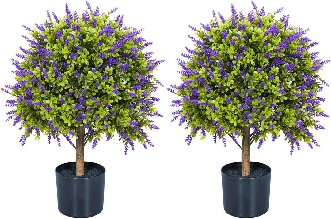 Artificial Lavender Topiary Ball Trees, 2 Set of UV Resistant Fake Evergreen Shrubs Bushes Plants, Faux Bushes for Outdoor Indoor Front Porch Garden Yard