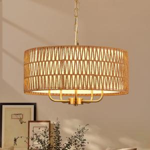 Boho Hand-Woven Rattan Chandelier with Linen Vintage Farmhouse Bamboo Gold Drum Chandelier Light Fixture Modern Wicker Rattan Golden Chandeliers for Dining Room, Kitchen, Living Room, E12