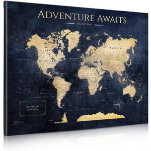 IPIC - World Map Canvas Painting for Wall Decor, Pinnable Travel Map, 30" x 24" Blue and Gold