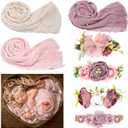 Buryeah 7 Pcs Baby Photoshoot Props Wrap Kit Includes 3 Pcs 66.9 x 35.4'' Newborn Photography Props 4 Pcs Baby Flower Headband Photo Supplies for Boy Girl Infant Toddler