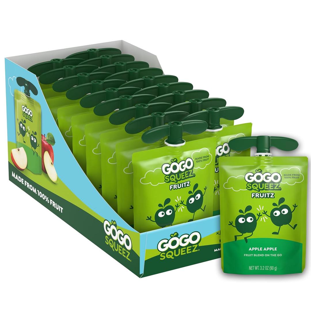 GoGo squeeZ No Sugar Added Applesauce and Fruit Puree, Apple Apple, 3.2 oz Pouches (Pack of 18), Fruit Snacks for Kids, Gluten Free, Nut Free, Recloseable Cap, BPA Free (EXP 12/08/26)