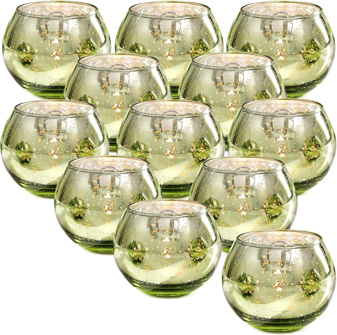 12 Pcs Green Candle Holder for Wedding Decor- Sage Green Mercury Glass Votives for Bridal Shower, Tea Party Table Centerpieces, Vintage Rustic Wedding
