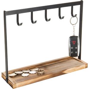 MyGift Black Metal Entryway Key Holder with 5 Hooks and Burnt Wood Base, Tabletop Necklace and Jewelry Organizer Rack with Ring Tray