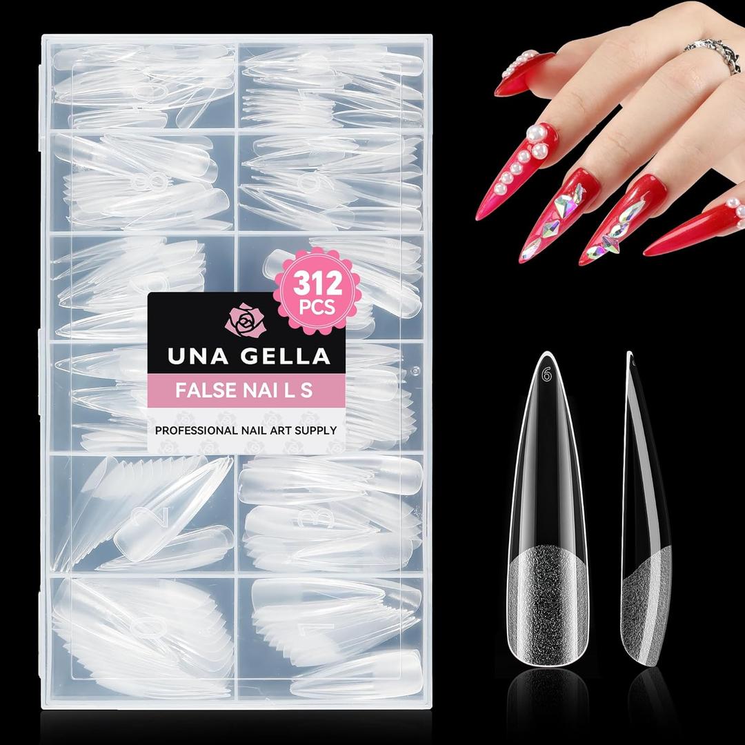 UNA GELLA XXL Stiletto Nail Tips, 312pcs Preshape Extra Long Stiletto Nails Tips Pre Etched Full Cover No Need File Clear Fake Nails for Party DIY Christmas Art Salon 12 Sizes