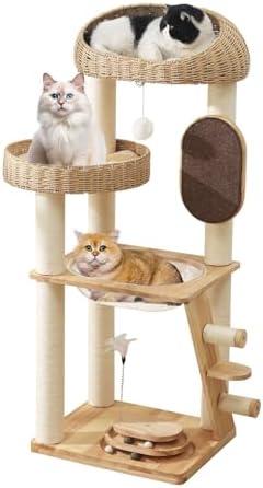 Modern Cat Tree, Cat TreeTower with Space Capsule, Hand-Woven Basket Nest, Sisal Posts & Scratching Board, 50 Inch Heavy-Duty Multi-Level Indoor Wood Tower