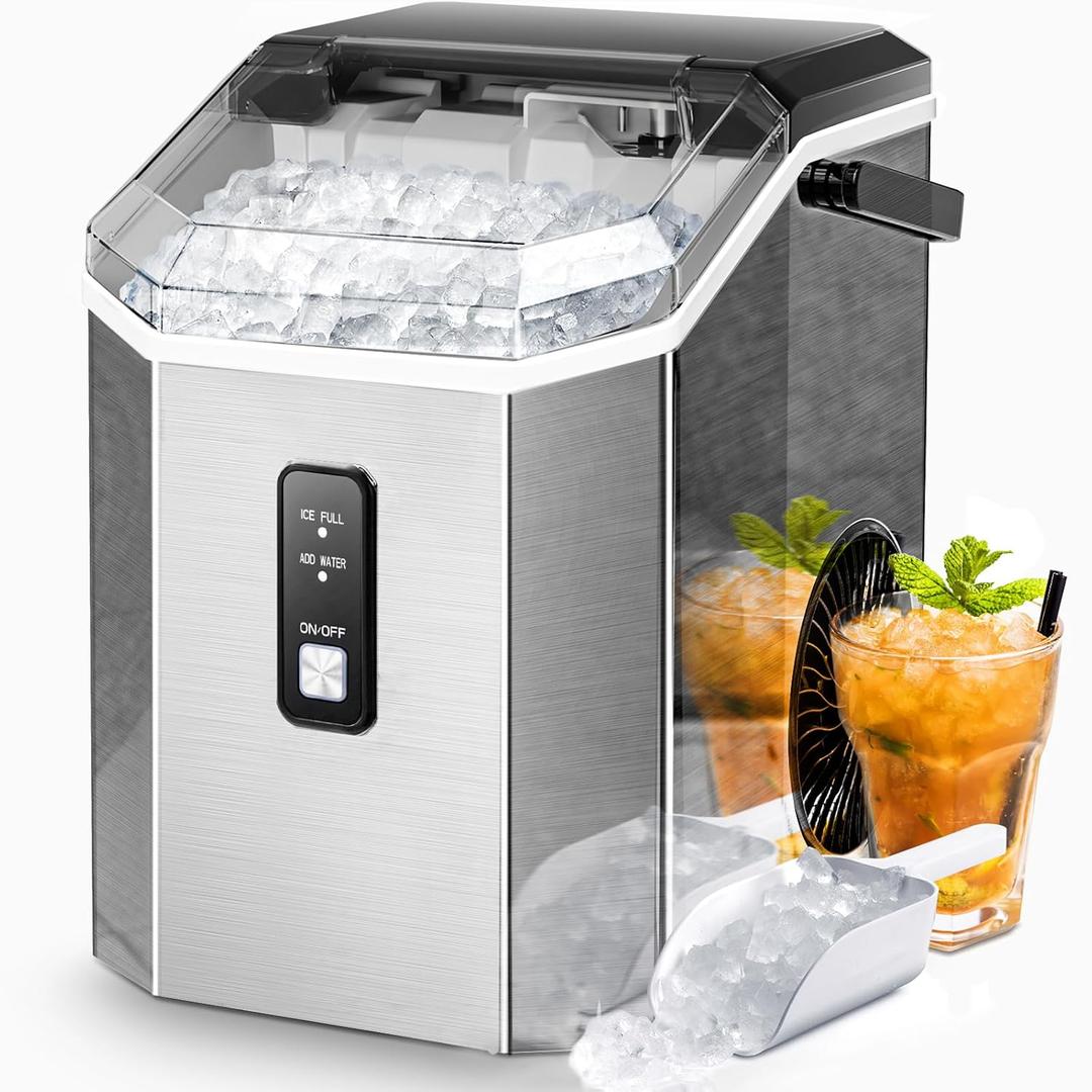 AGLUCKY Nugget Ice Maker Countertop, Portable Crushed Ice Maker Machine with Handle, 35lbs/24H, One-Click Operation, Self Cleaning Ice Machine for Home/Kitchen/Office(Stainless Steel)