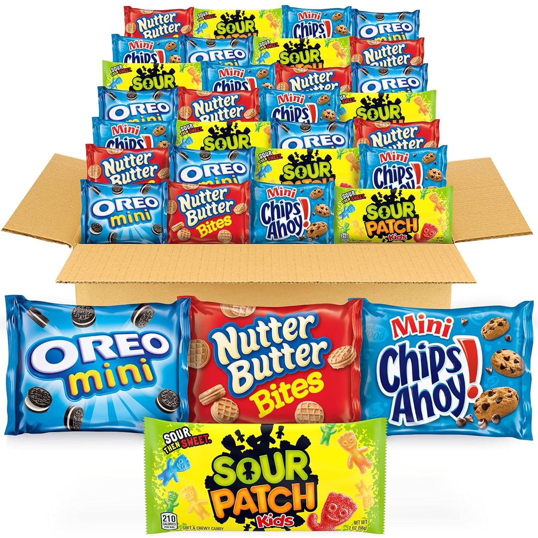 OREO Mini Cookies, CHIPS AHOY! Mini Cookies, SOUR PATCH KIDS Candy & Nutter Butter Bites & Candy Variety Pack, 32 Snack Packs (EXP 09/02/26)