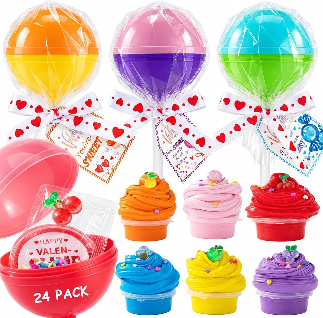 24pcs Easter Basket Stuffers for Kids,Valentines Day Gifts for Kids Classroom-Lollipop-Shaped Slime with Cards,Valentines Day Cards for Kids School Classroom,Slime kit for Girls Boys