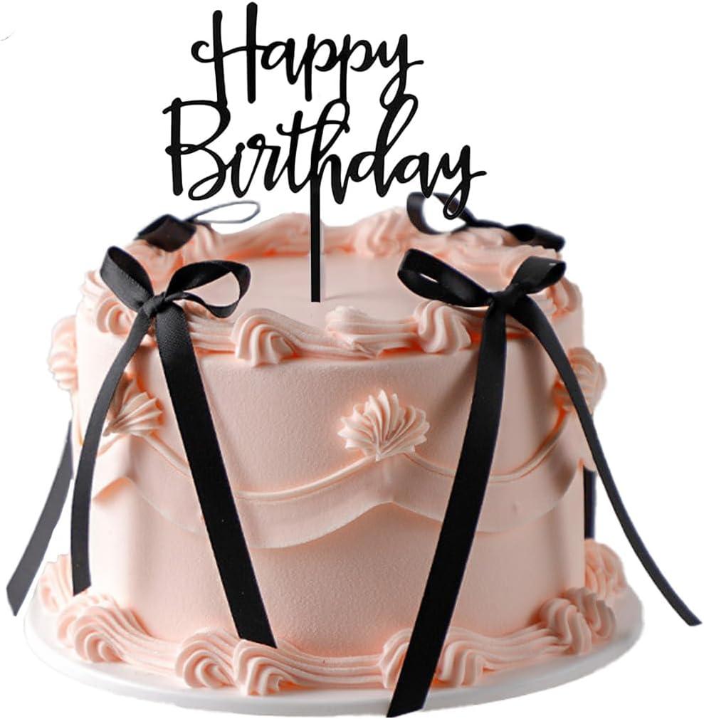 Black Satin Bows for Cake Decorations, 11 Pcs Coquette Bow Cake Toppers with Happy Birthday Acrylic Sign, Ribbon Cake Bows for Birthday Cake, Cupcakes, Baby Shower, Wedding Party Decor