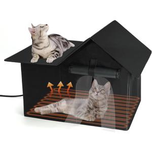 Large Heated Cat House for Outside, Outdoor Cat House Weatherproof for Winter with Pet Heating Pad, Warm Feral Cats Shelter for Multiple Cats 19.7 13.4 16.1 Inches (Black)