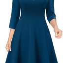 VFSHOW Women's Work Business Front Zipper A-Line Dresses 3/4 Sleeve Office Church Fit and Flare Skater Swing Knee Length Dress, XXL