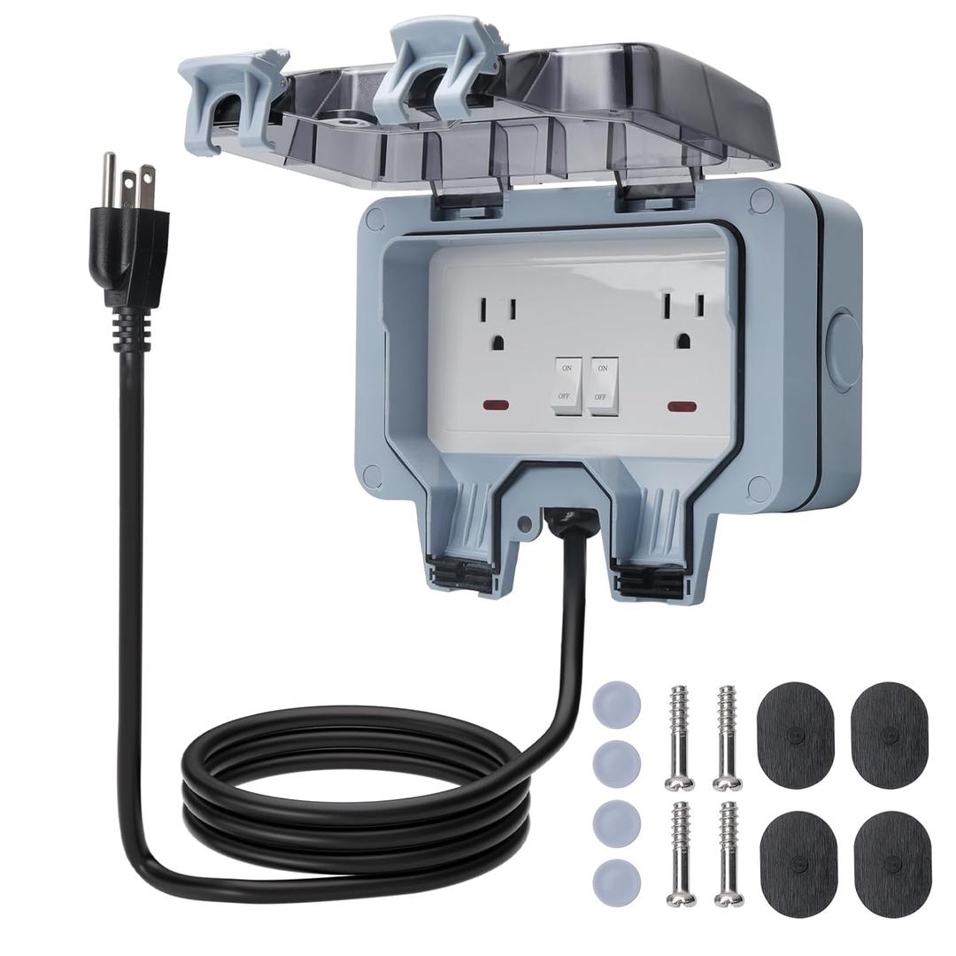 STARELO Outdoor Power Outlet with 10FT Extension Cord, IP66 Waterproof Outdoor Wall Power Socket with Cover, 14AWG 125V 15Amp 2-Gang Switched Wall Plug Socket Box with Switch On-Off and LED Indicator