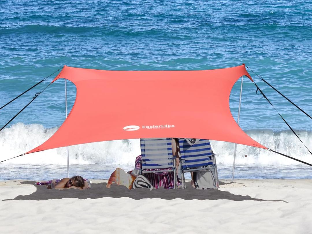 Beach Shade Windproof Design, Sun Shelter UPF50+ Portable Family Tent with 6 Sandbags Anchors 7x7 FT 2 Pole Pop Up Outdoor Shelter for Beach, Camping, Fishing, Backyard and Picnics (Orange)