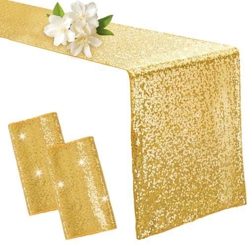 Aormenzy 2 Pack Gold Sequin Table Runner 12" x 72", Glitter Sparkle Sequin Runners for Birthday Party Wedding Banquet & Baby Shower, Party Table Decorations Supplies