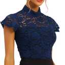 Allegra K Womens Lace Top Elegant Short Sleeve Blouse Mock Neck Fitted Dressy Casual Semi Sheer Tops XL
